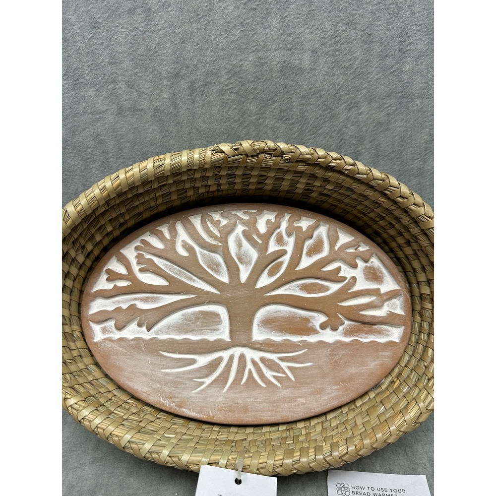 Bread Warmer Basket with Stone Tree of Life Terracotta Seagrass Handcrafted